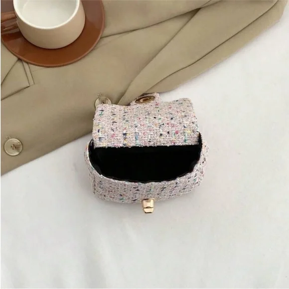 Chic Pink & Rainbow Multi Tweed Mini Flap Crossbody Bag w Top Bow OS New - Picture 3 of 6